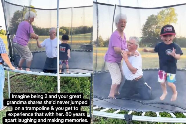 84 años salta sobre un trampolín por primera vez con su bisnieto (exclusivo)

