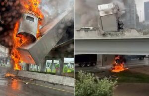 El conductor salta a 20 pies del camión en llamas antes de bucear El conductor salta a 20 pies del camión en llamas antes de bucear