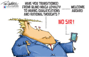 La Casa Blanca aumenta las pruebas de fidelización ridículas para el personal federal A cartoon by Tim Campbell.