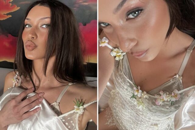 Bella Hadid Porte de la lencería en encaje del código nupcial sexy y sábanas completamente blancas

