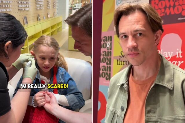 El papá influyente se perfora las orejas después de que la niña tiene demasiado miedo (exclusivo)

