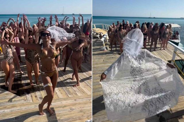 Mel B Rocks Bikini con estampado de leopardo y velo de boda por su glamorosa Bachelorette Bash

